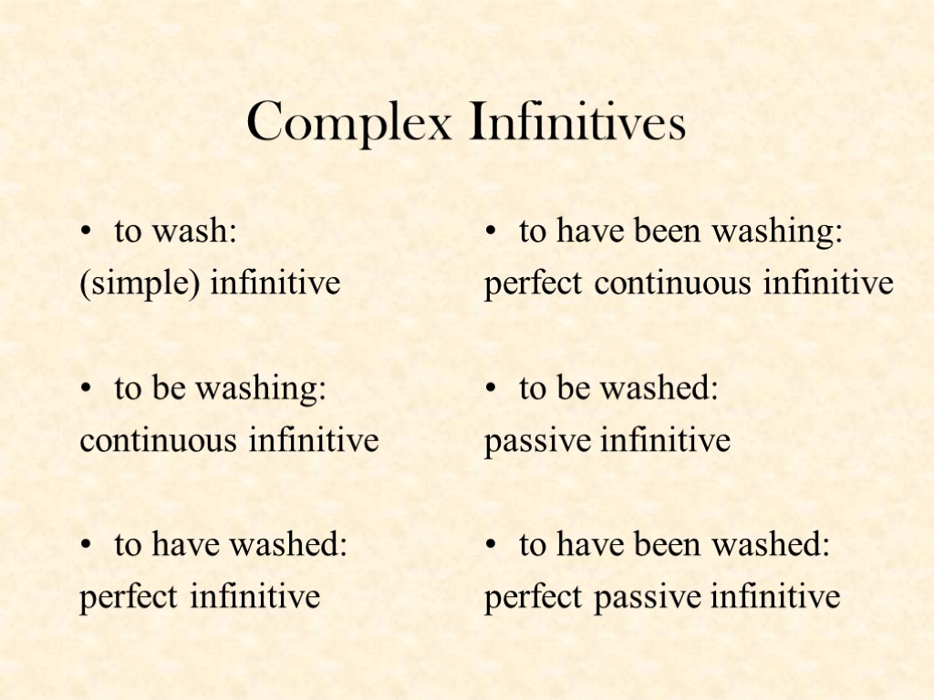 Complex Infinitives to wash: (simple) infinitive to be washing: continuous infinitive to have washed: